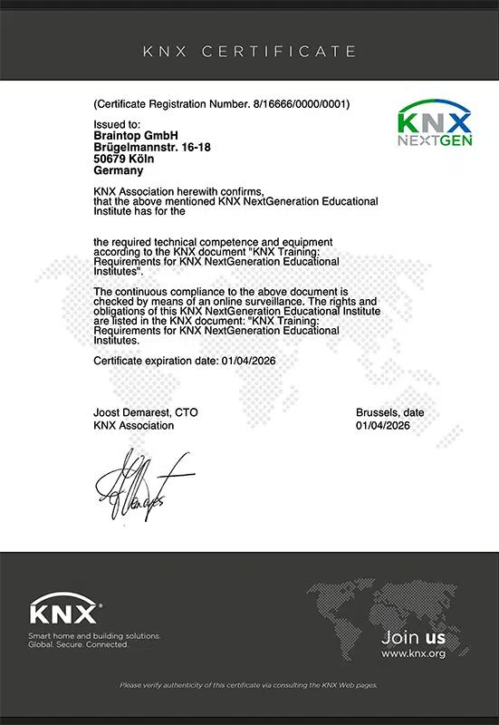 KNX NEXTGEN Zertifikat-8-16666-0000-0001 ‣ Weiterbildung Köln Bonn Das KNX Zertifikat zu KNX NextGeneration für BRAINTOP in Köln, Cologne Germany.